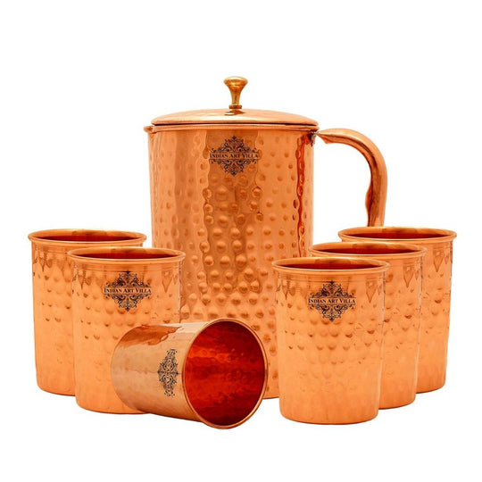 Handmade Pure Copper Hammered Design Jug & Glass with Box, Drinkware Gift Set