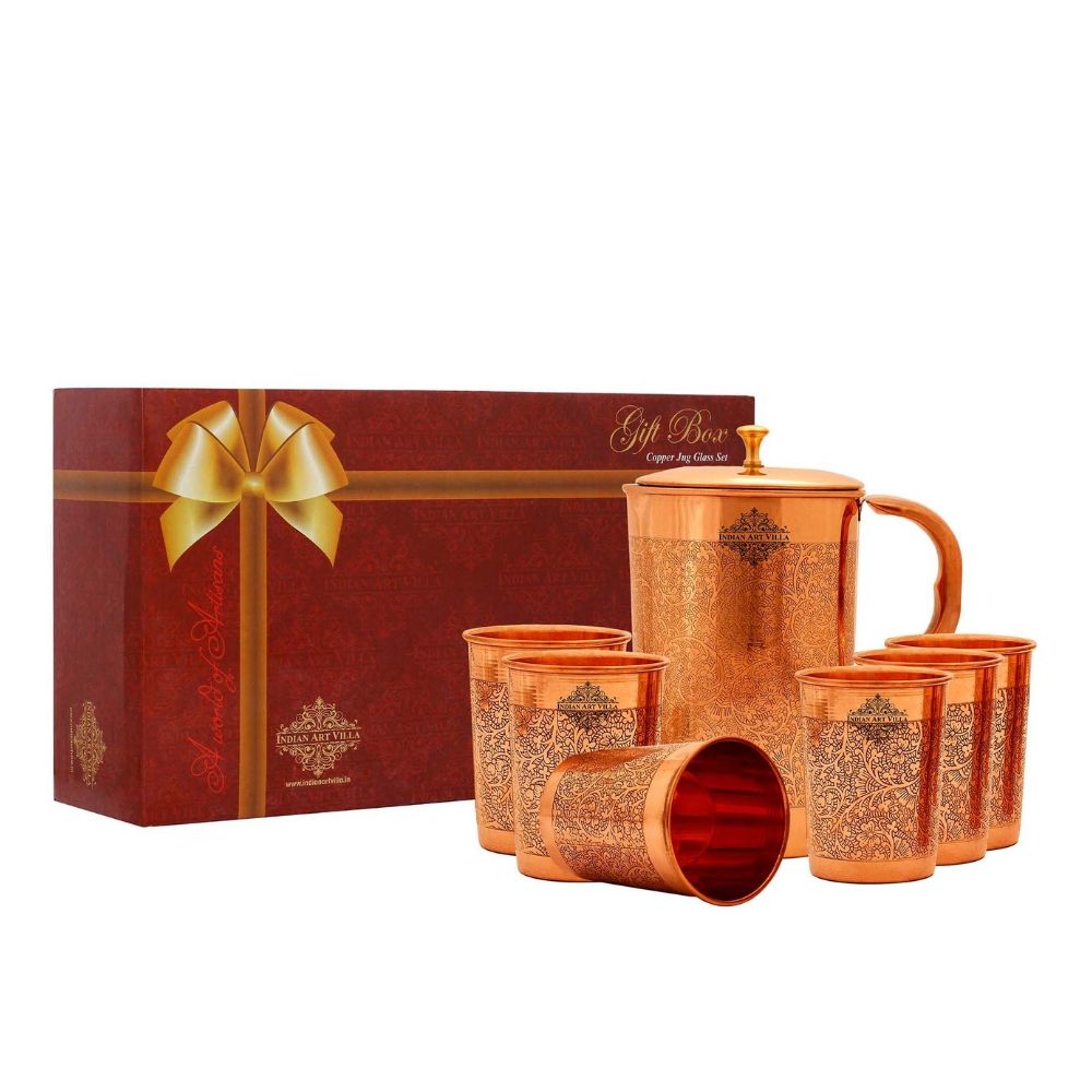 Indian Art Villa Copper Embossed Jug & Glass with Box