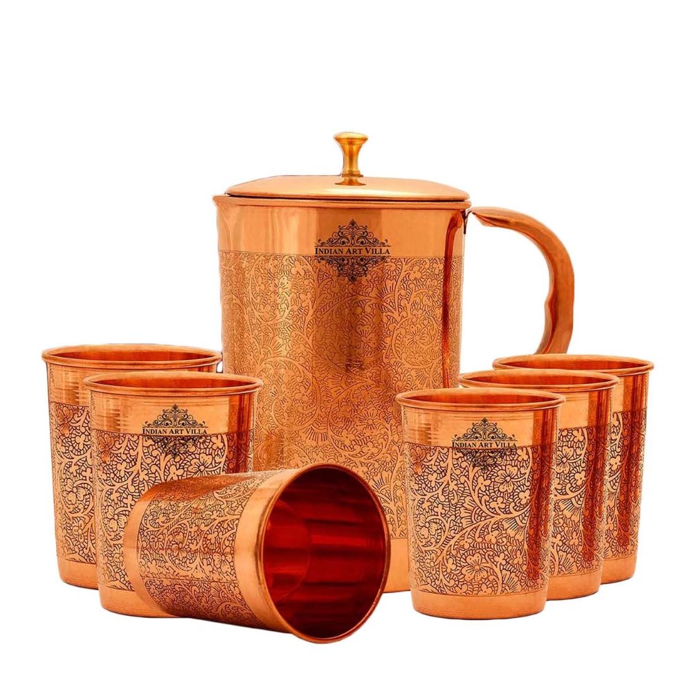 Indian Art Villa Copper Embossed Jug & Glass with Box