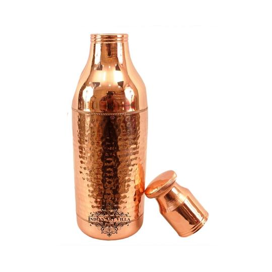 Set of Pure Copper Hammered Leak Proof Cocktail Water Bottle & Two Glasses with Brass Bottom with a Gift Box, Drinkware, Glass: 450 ml