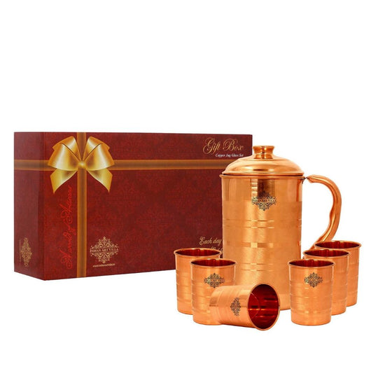 Shiny Copper Jug with 6 Tumblers – Indian Art Villa Handcrafted Luxury Set, Ideal for Gifting and Daily Use