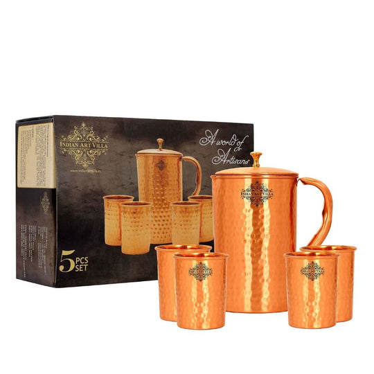 Copper water jug set with elegant hammered design – includes 4 glasses, lacquer coated, for home or office