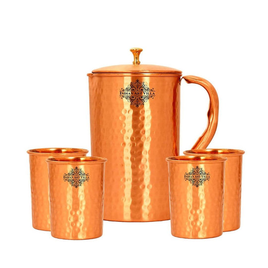 Copper water jug set with elegant hammered design – includes 6 glasses, lacquer coated, for home or office