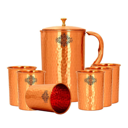 Copper water jug set with elegant hammered design – includes 4 glasses, lacquer coated, for home or office