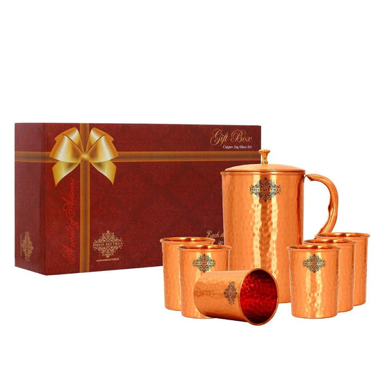 Copper water jug set with elegant hammered design – includes 6 glasses, lacquer coated, for home or office