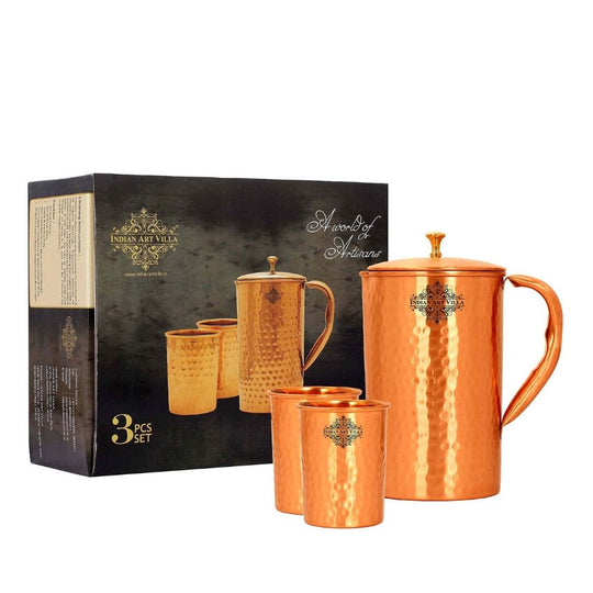 Artisan hammered copper jug with matching 2 tumblers handcrafted by Indian Art Villa perfect for home and wellness