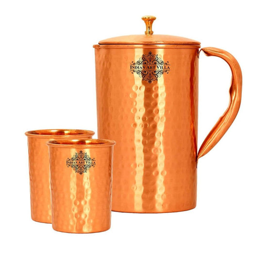 Artisan hammered copper jug with matching 2 tumblers handcrafted by Indian Art Villa perfect for home and wellness