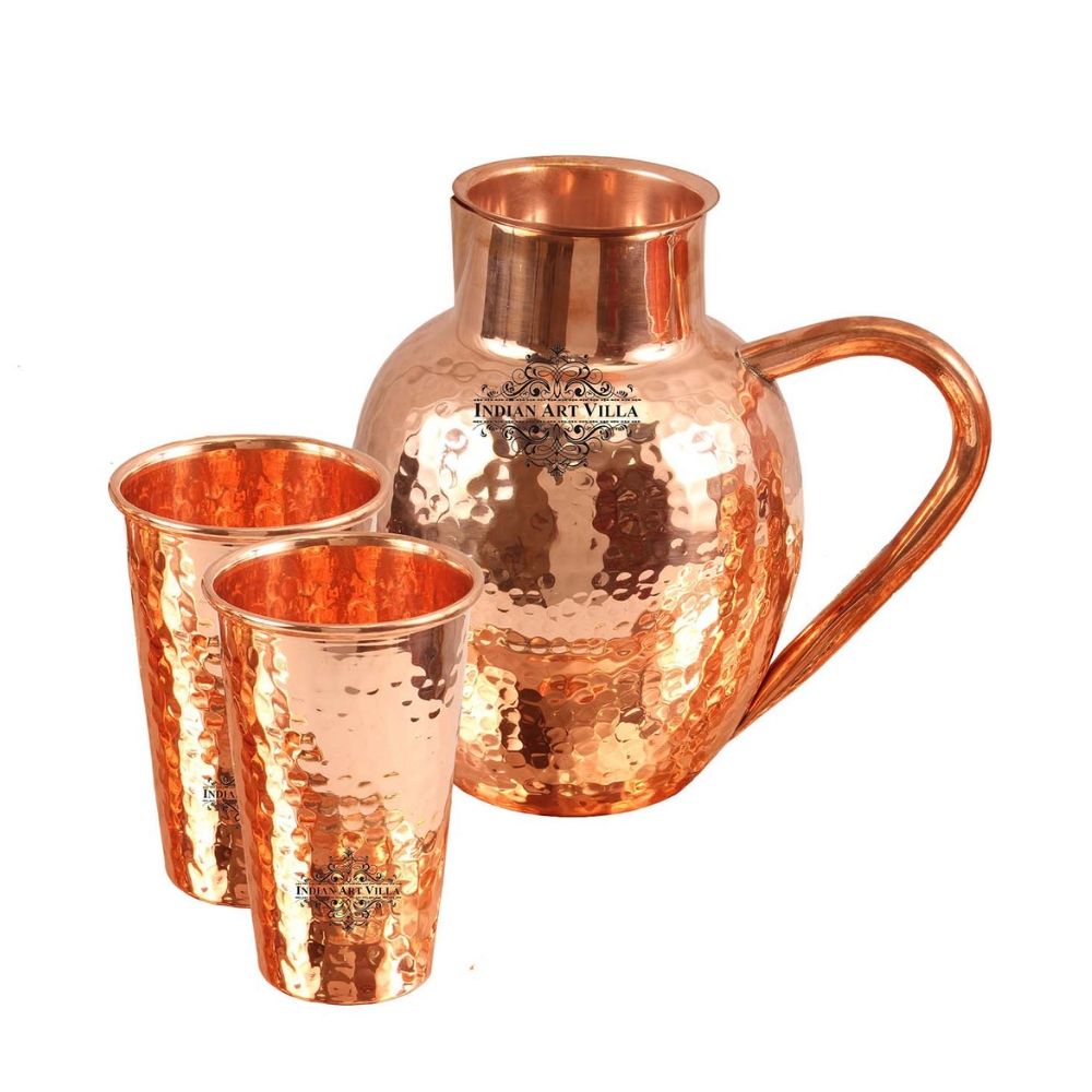 Copper Hammered Surai Design Jug & Glass with Box
