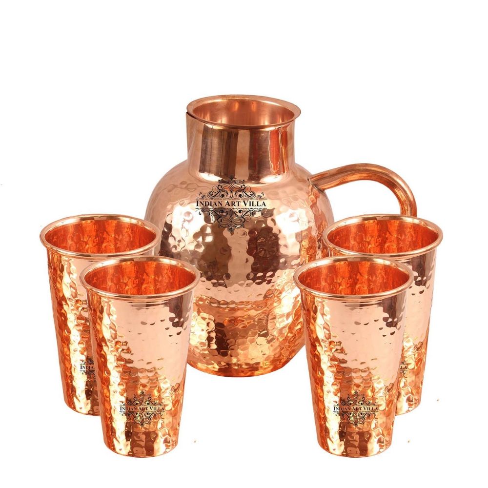 Copper Hammered Surai Design Jug & Glass with Box